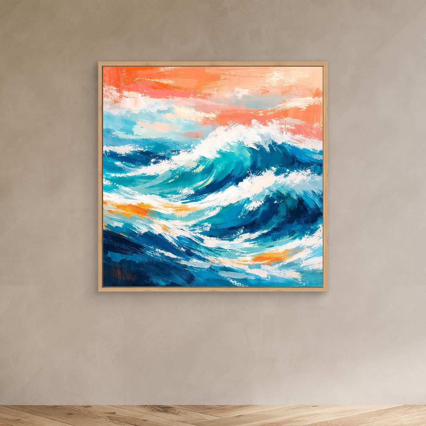 Leinwand-Wandbild mit türkisblauer Meereswelle, orange Himmel, heller Holzrahmen