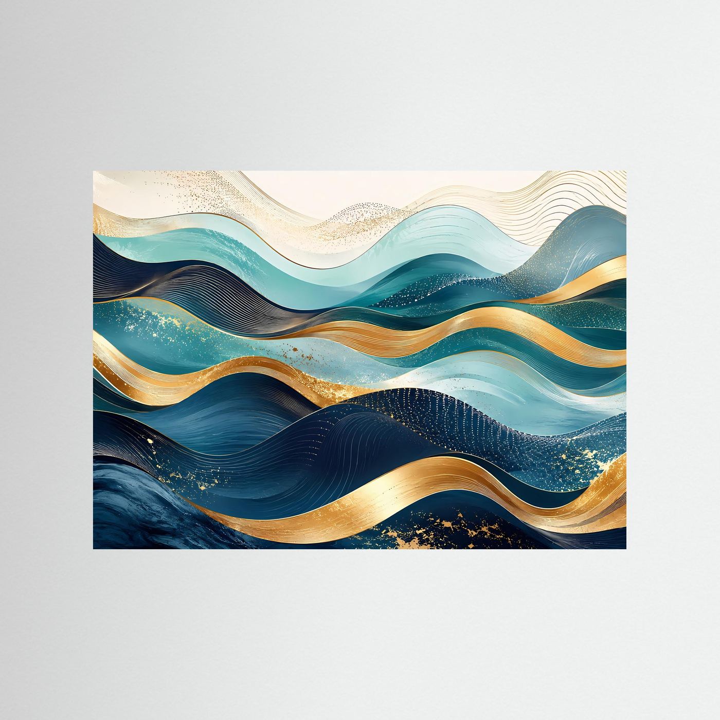 Abstrakte Wellen Poster Querformat | Moderne Wandkunst in Blau, Türkis & Gold | Elegantes Panorama Wandbild