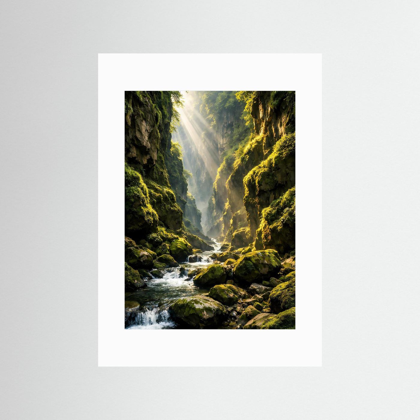 Hochformatiges Poster mit weißem Passepartout: grüner Canyon, Moos und Wildbach.