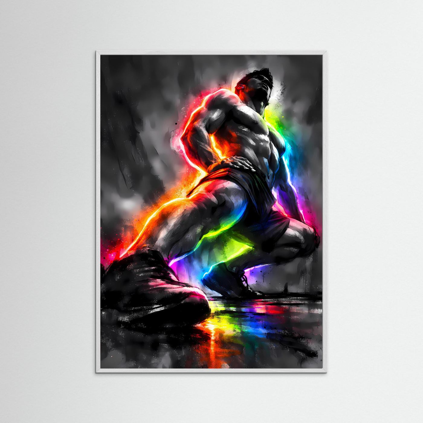 Pure Kraft & Energie | Abstraktes Fitness & Bodybuilding Poster in Regenbogen-Neonfarben | Modernes Kunstposter Hochformat