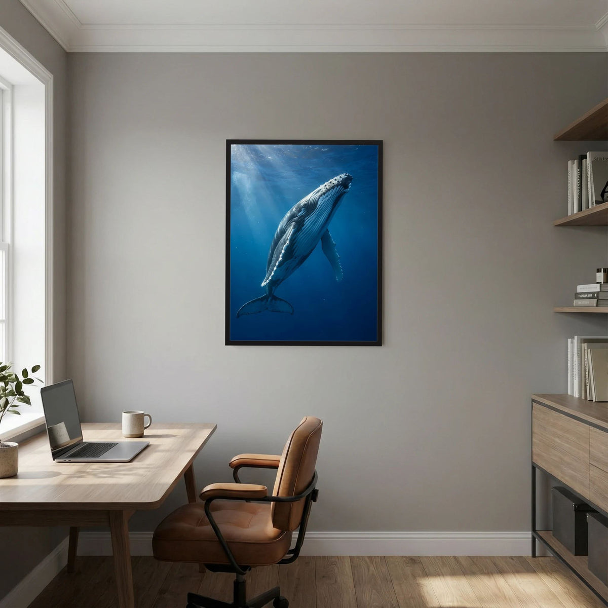 Hochformatiges Poster mit schwarzem Rahmen: Buckelwal unter Wasser
