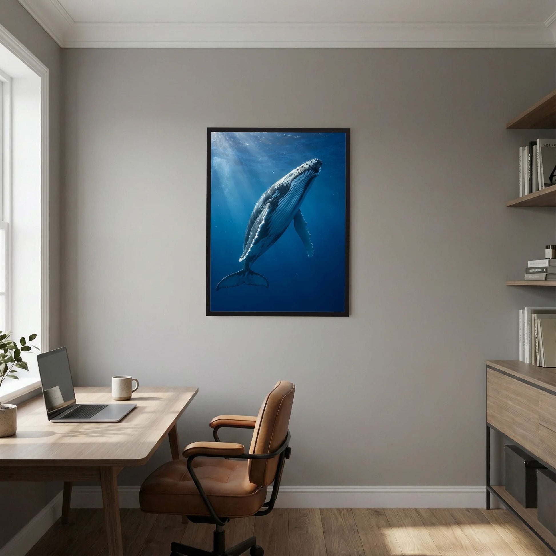 Hochformatiges Poster mit schwarzem Rahmen: Buckelwal unter Wasser