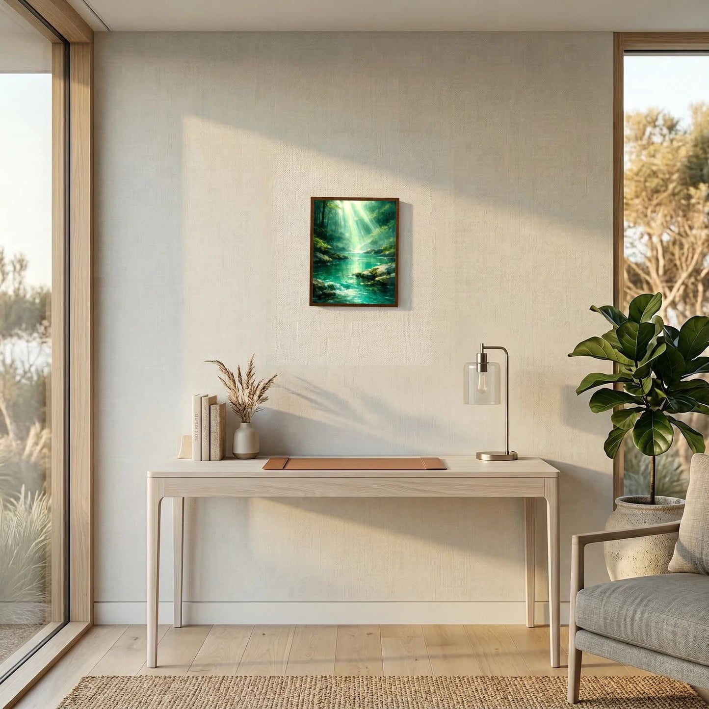 Wandbild mit leuchtendem Waldfluss und Lichtstrahlen, gerahmt