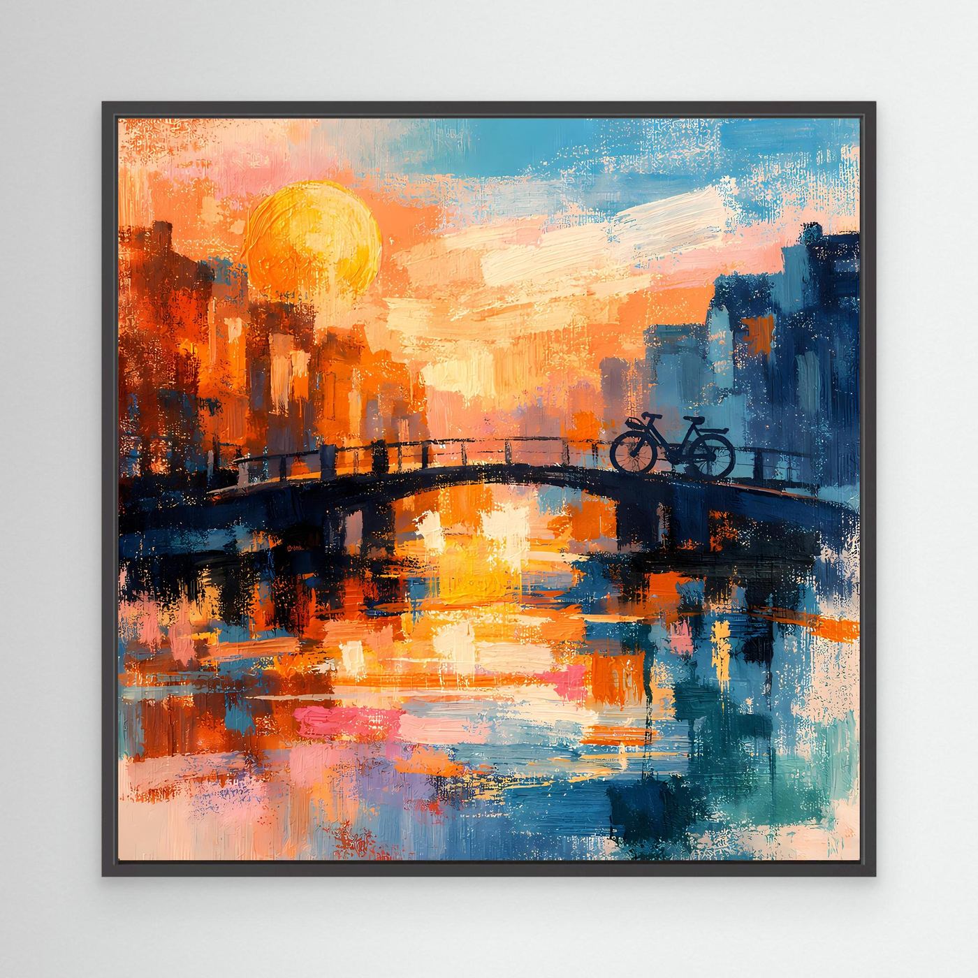 Leinwand Abstraktes Amsterdam Gemälde | Modernes Romantisches Grachten Wandbild mit Fahrrad