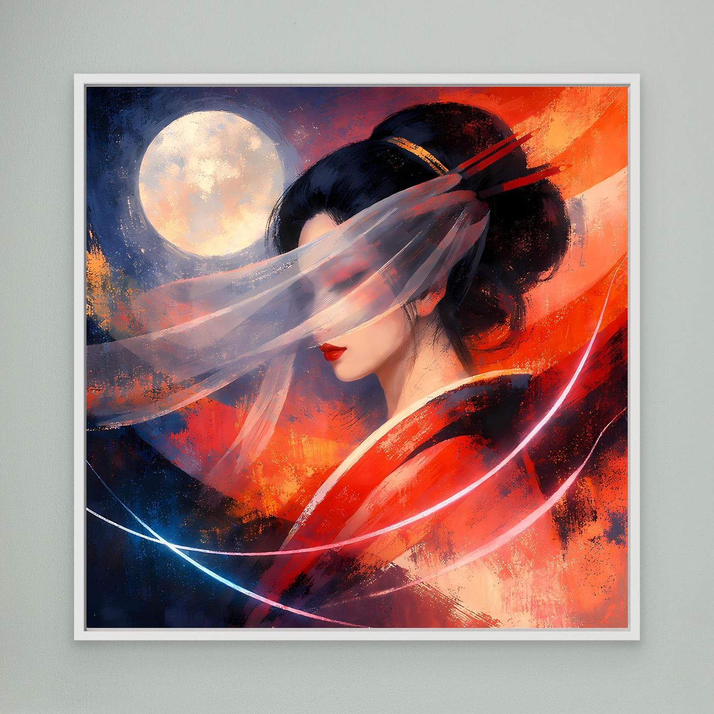 Gerahmtes Leinwandbild mit Geisha im Profil, Mondmotiv und abstrakten Rot-Blau-Swirl-Linien