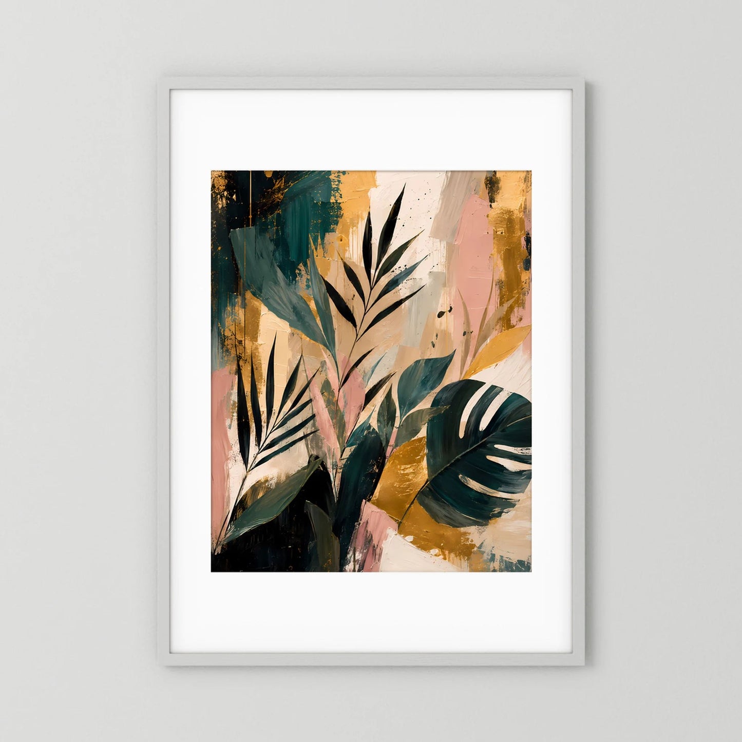 Abstrakte tropische Blätter | Botanische Kunst in Petrol, Rosa und Gold | Poster Hochformat
