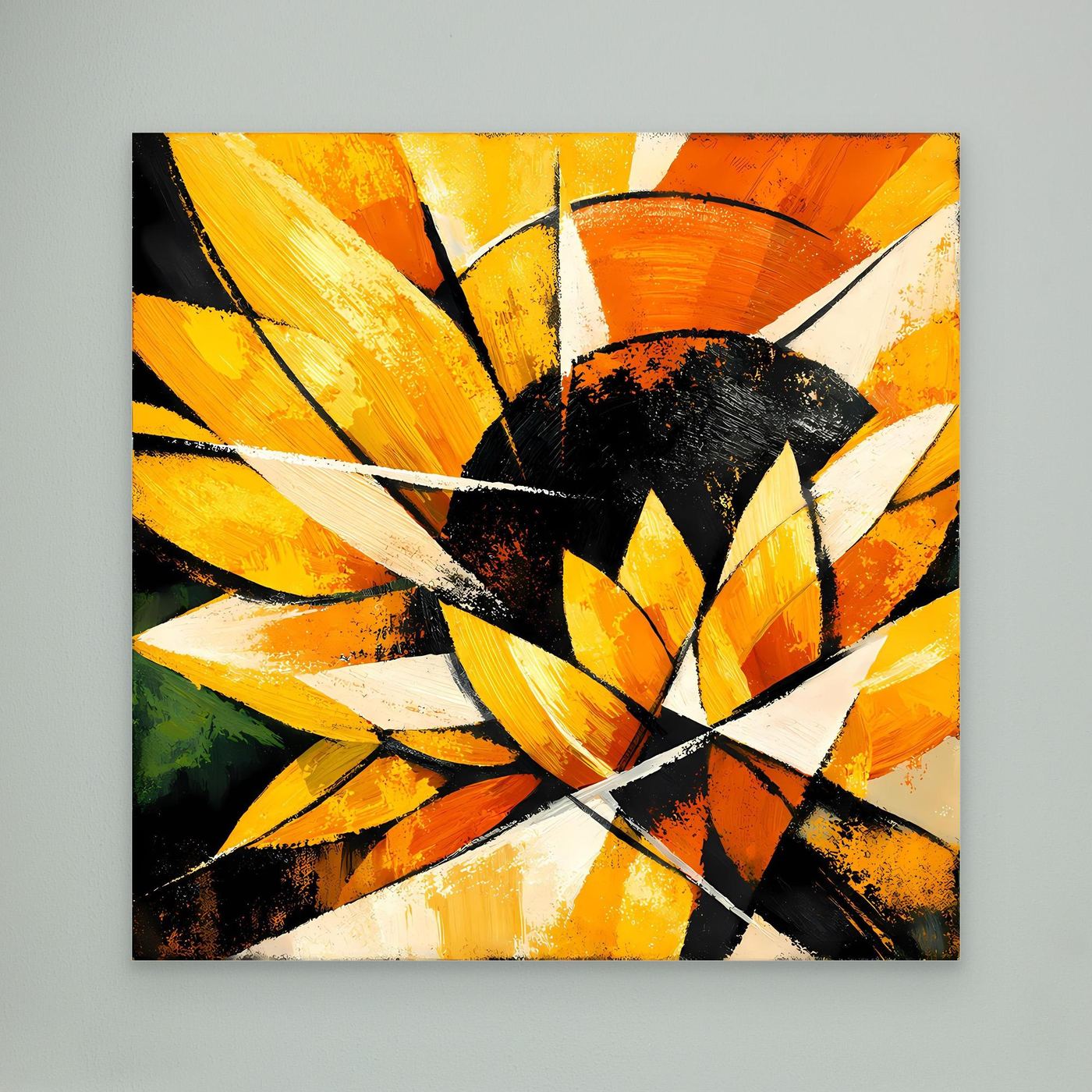 Abstraktes Leinwandbild Sonnenblume: gelb-orange Blüten, schwarzer Kern und weiße Strahlen, ohne Rahmen