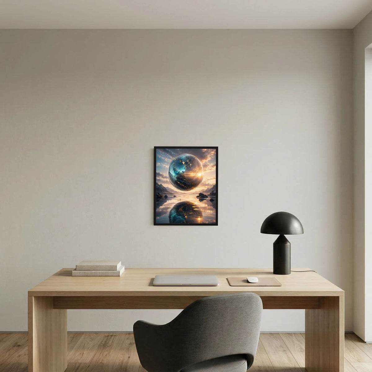Schwarz gerahmtes Hochformat-Poster: blaue Erdkugel über Landschaft mit goldener Sonne