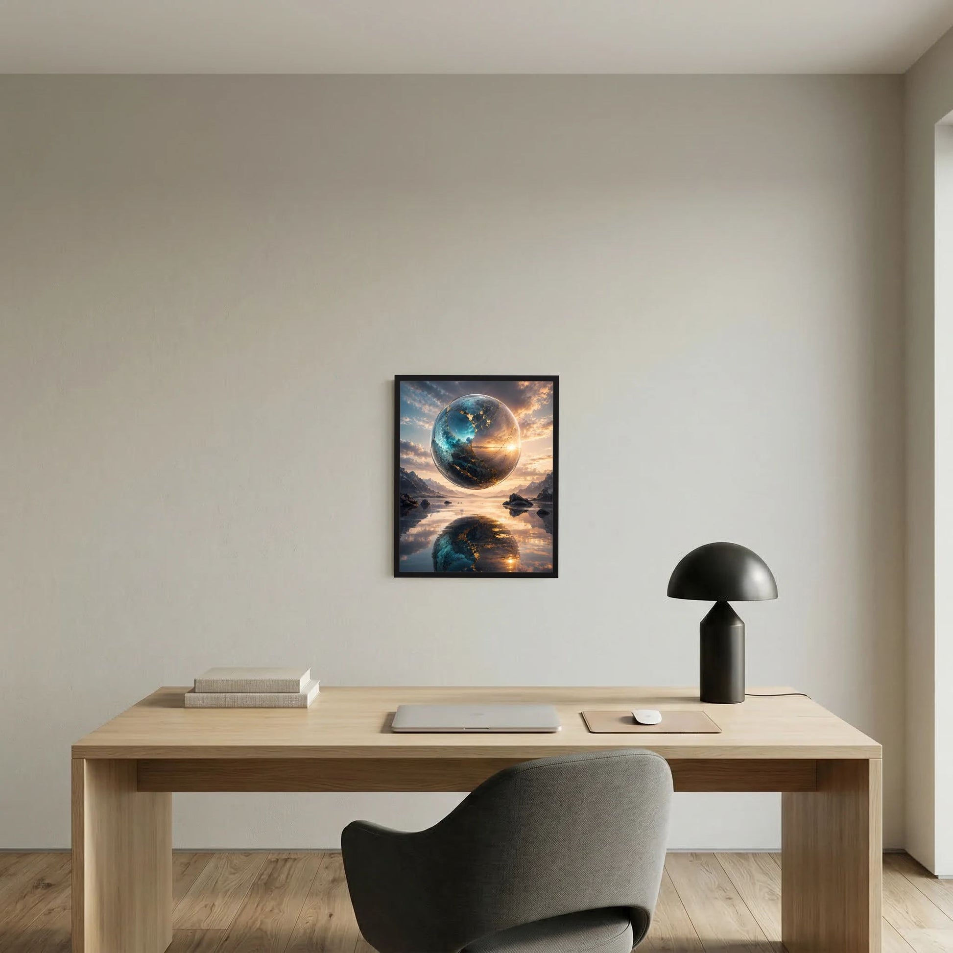 Schwarz gerahmtes Hochformat-Poster: blaue Erdkugel über Landschaft mit goldener Sonne