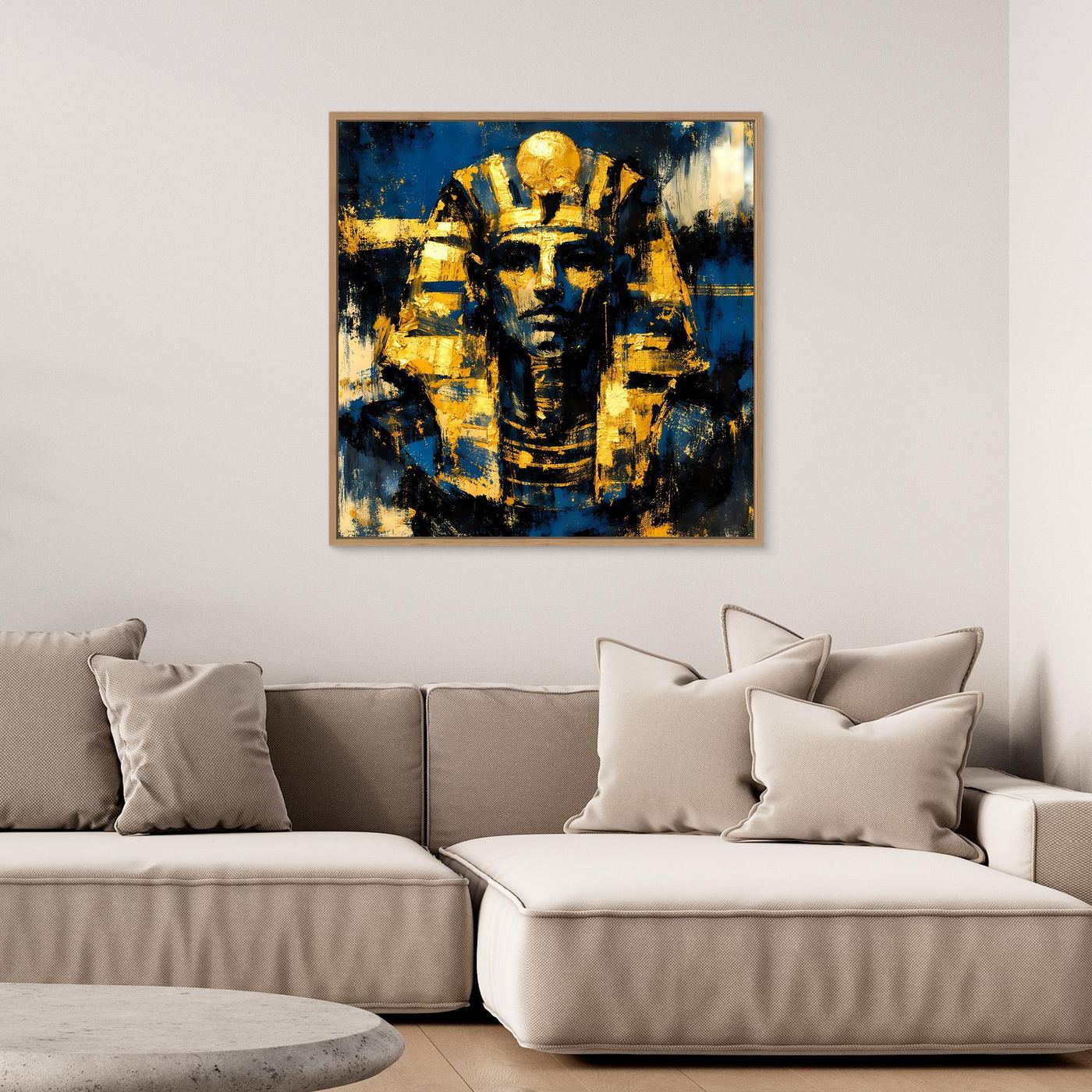 Ägyptisches Leinwandwandbild mit goldfarbenem Rahmen und Tutanchamun-Porträt in Blau und Gold