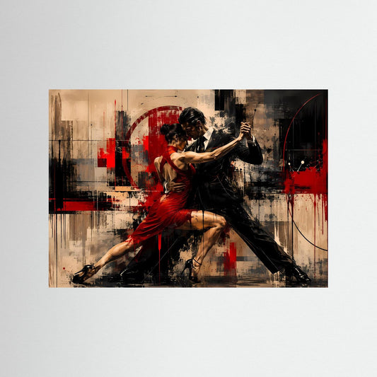 Abstraktes Tango-Wandbild mit Paar in Rot und Schwarz, ohne sichtbaren Rahmen
