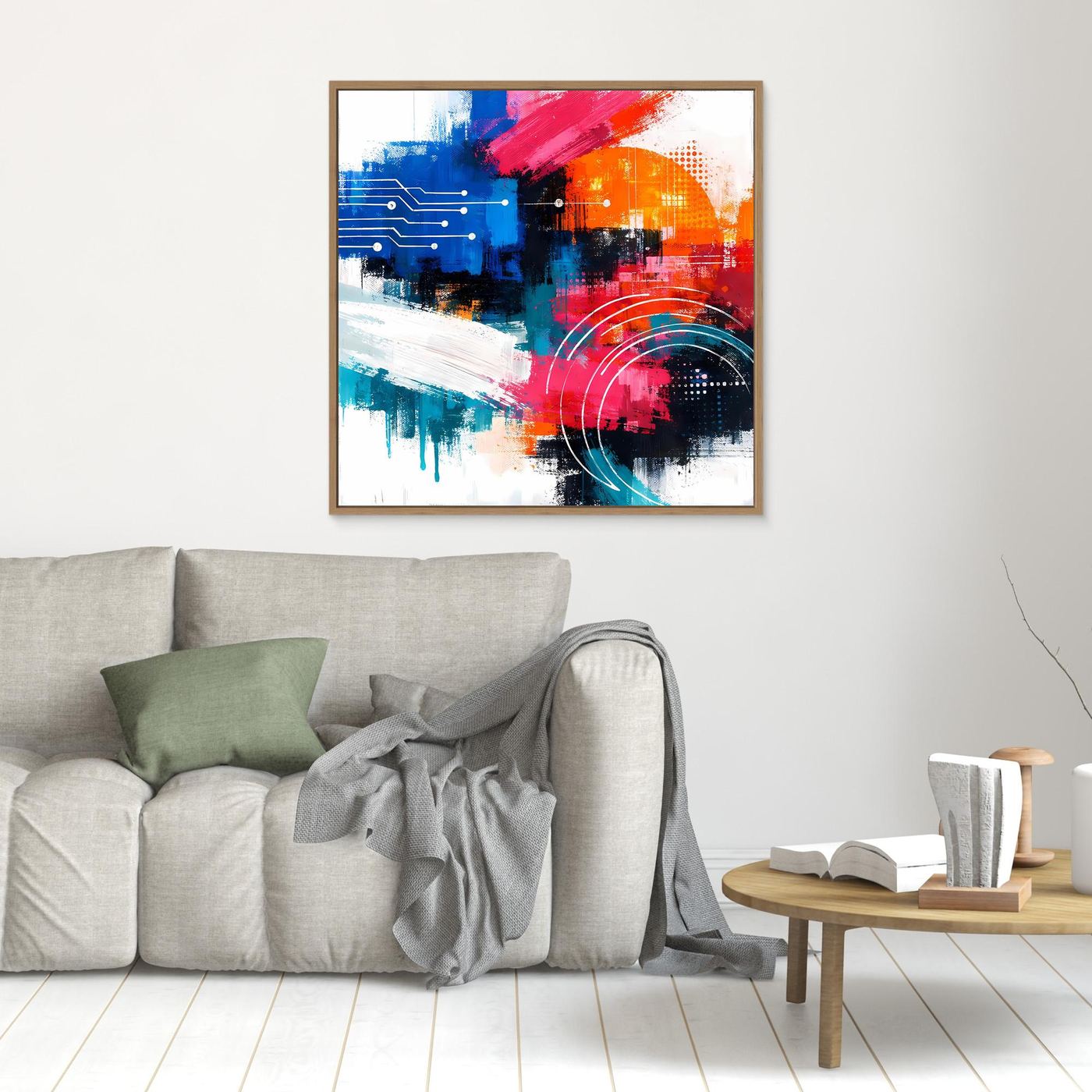 Abstract canvas wall art with blue and orange digital blocks, circuit lines, and red arc rings; small wooden frame