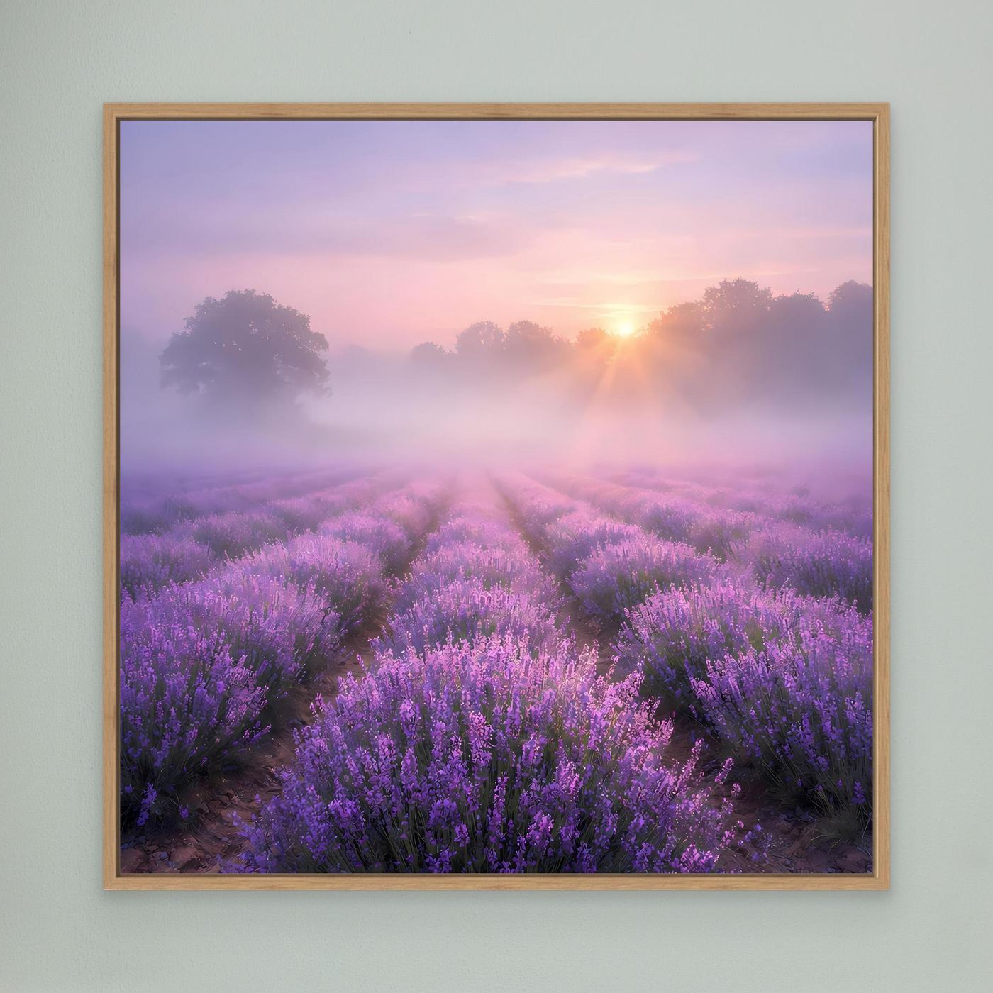 Rechteckiges Leinwandbild mit Lavendelfeld im Nebel und Sonnenaufgang, Eichenrahmen