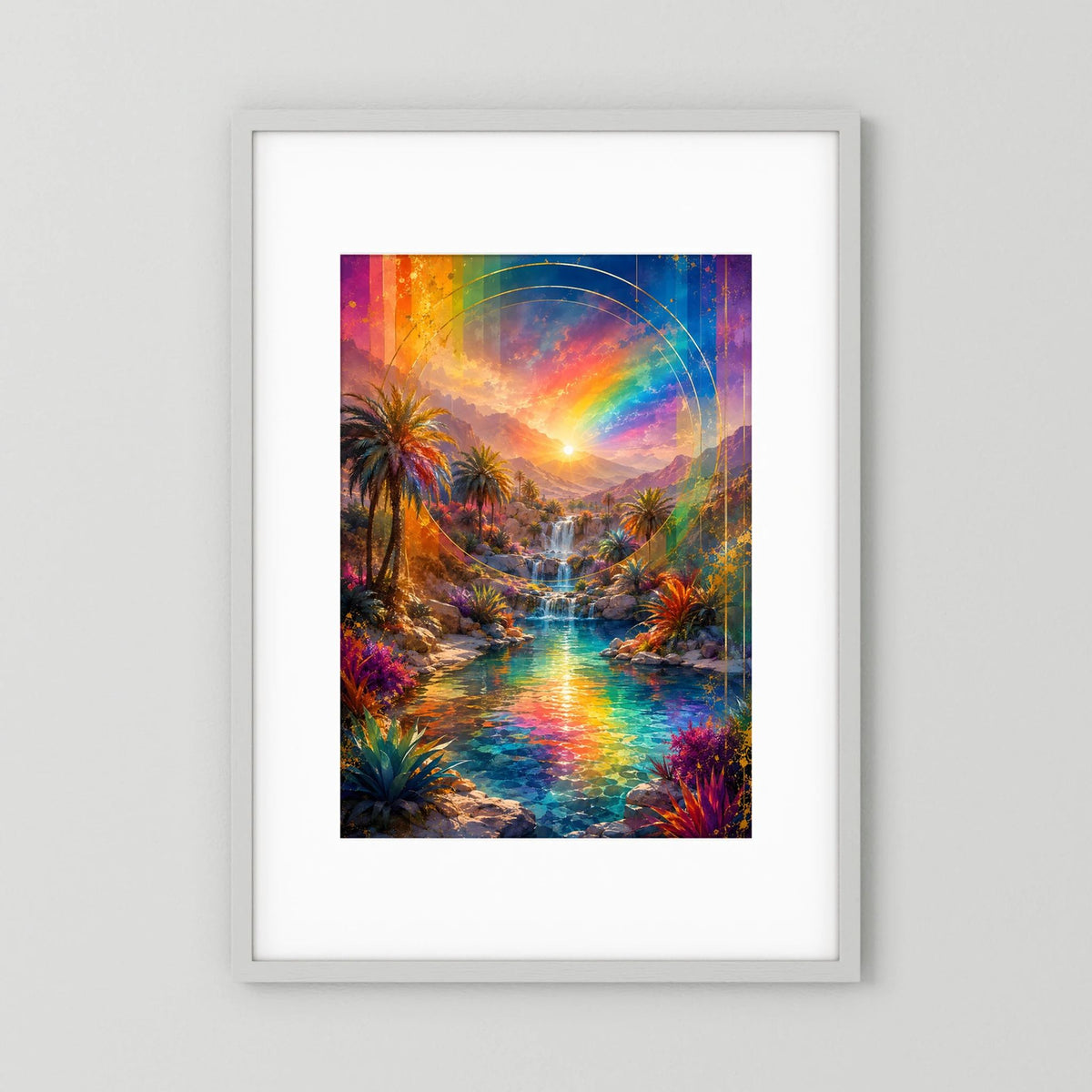 Hochformatiges Poster mit Regenbogen-Oase, Palmen und Wasserfall in bunten Farben