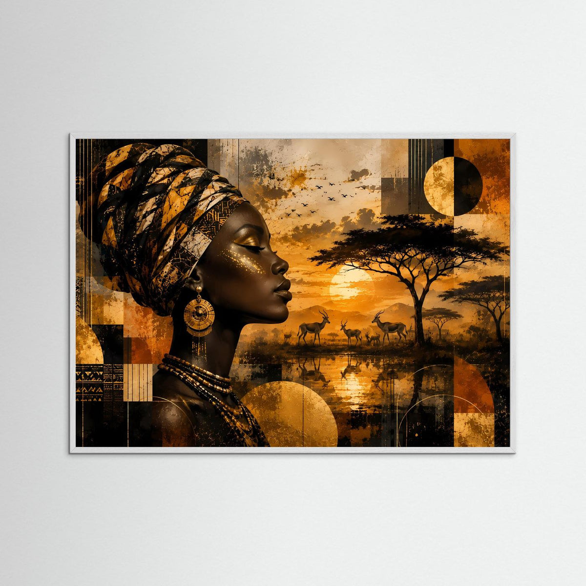 Gerahmtes Wandbild im Querformat: Seitenansicht einer afrikanischen Frau mit goldenem Gesicht, Kopftuch und Ohrringen.