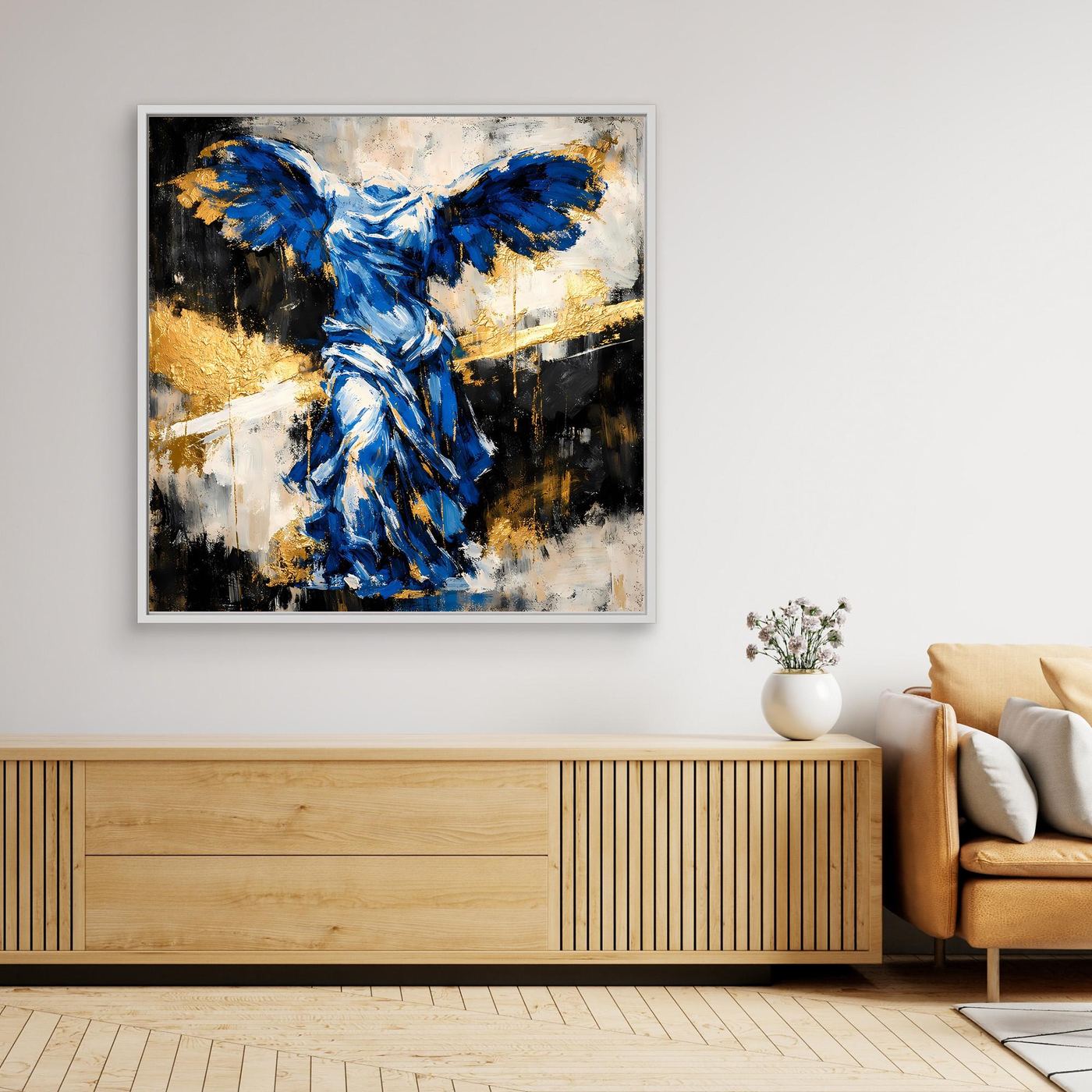 Leinwand Nike von Samothrake in Blau | Abstraktes Skulpturen Wandbild Gold