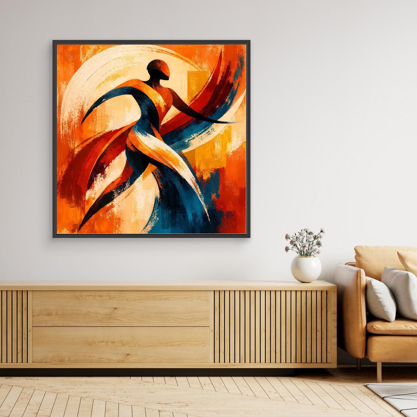 Leinwandbild mit Tänzersilhouette im abstrakten Stil, orange-türkis, schwarzer Rahmen