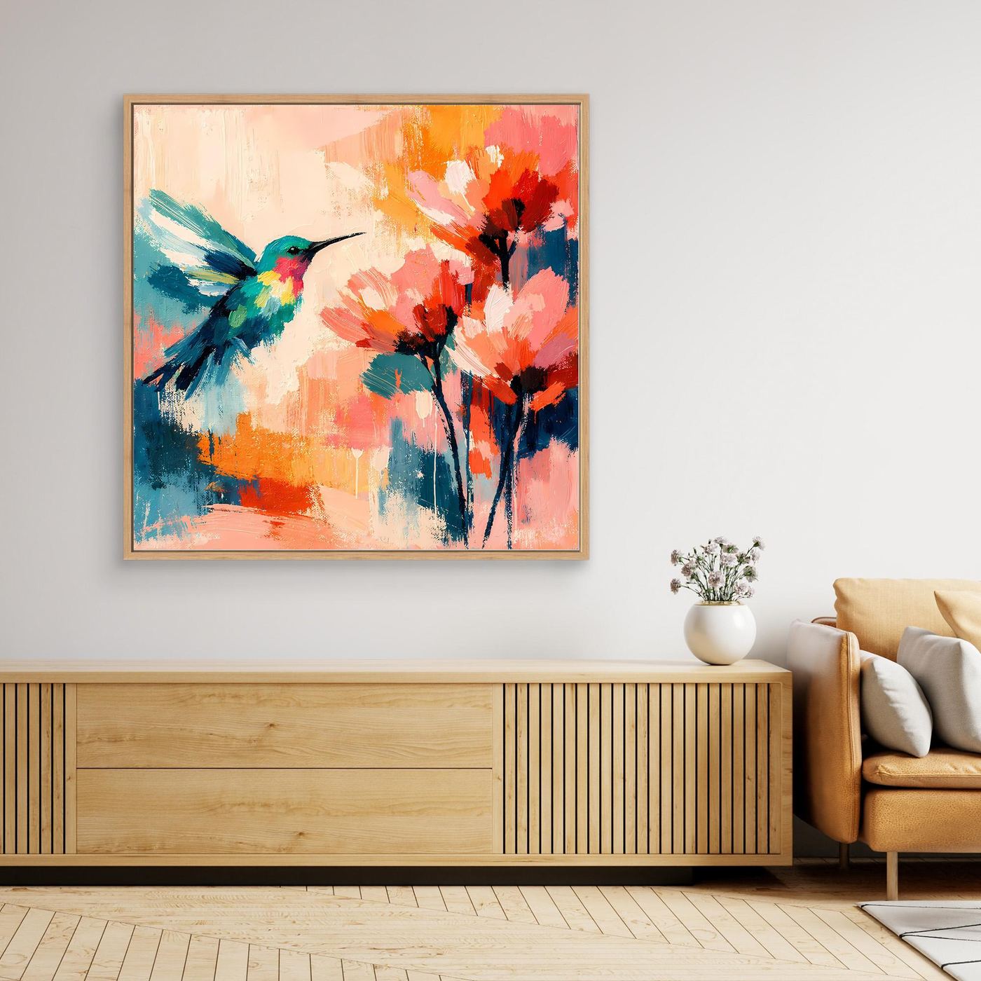 Abstract hummingbird canvas wall art with colorful flower blooms in oak frame