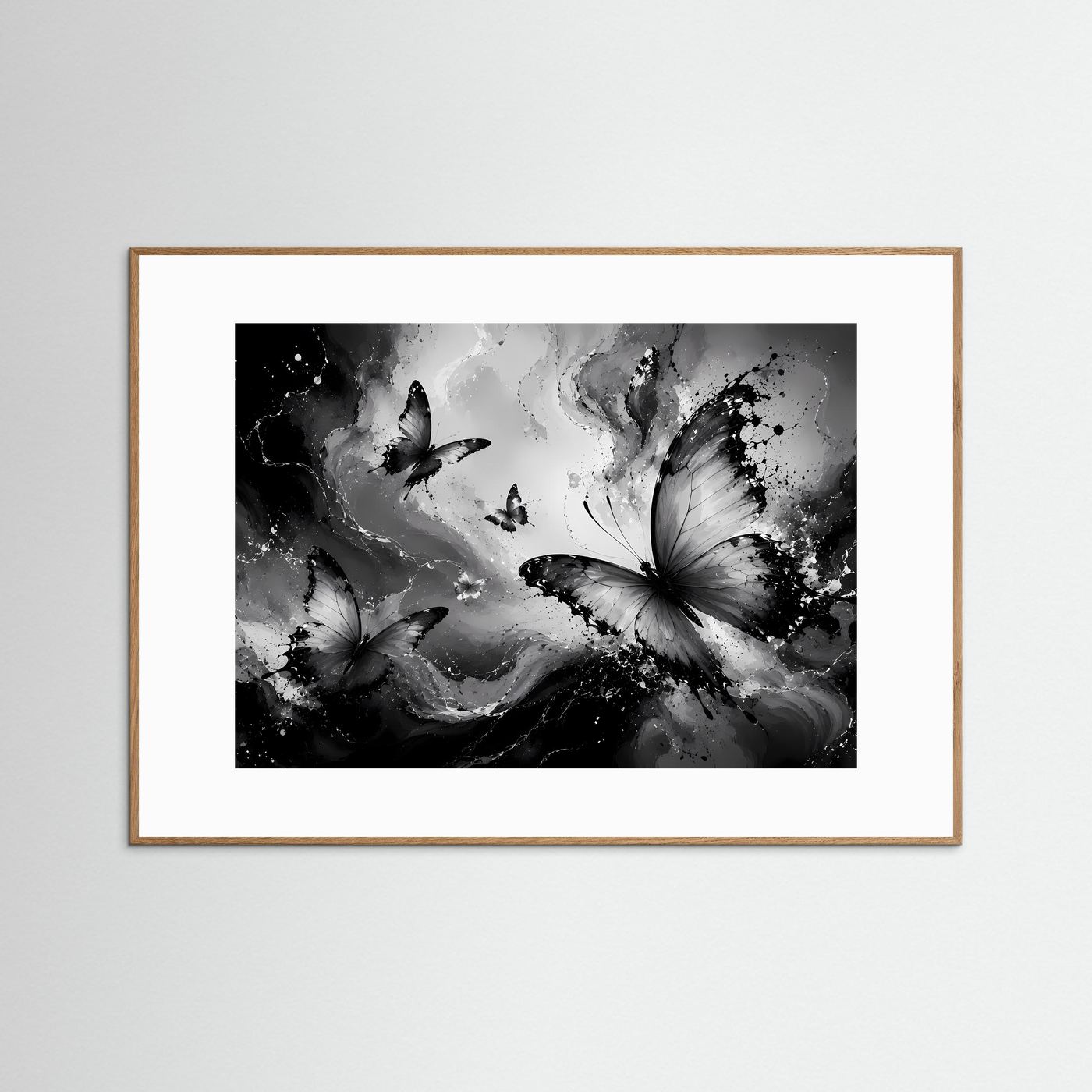 Schmetterlinge Schwarz Weiß Poster Querformat | Abstrakte Butterfly Wandkunst Modern | Monochrome Leinwandkunst