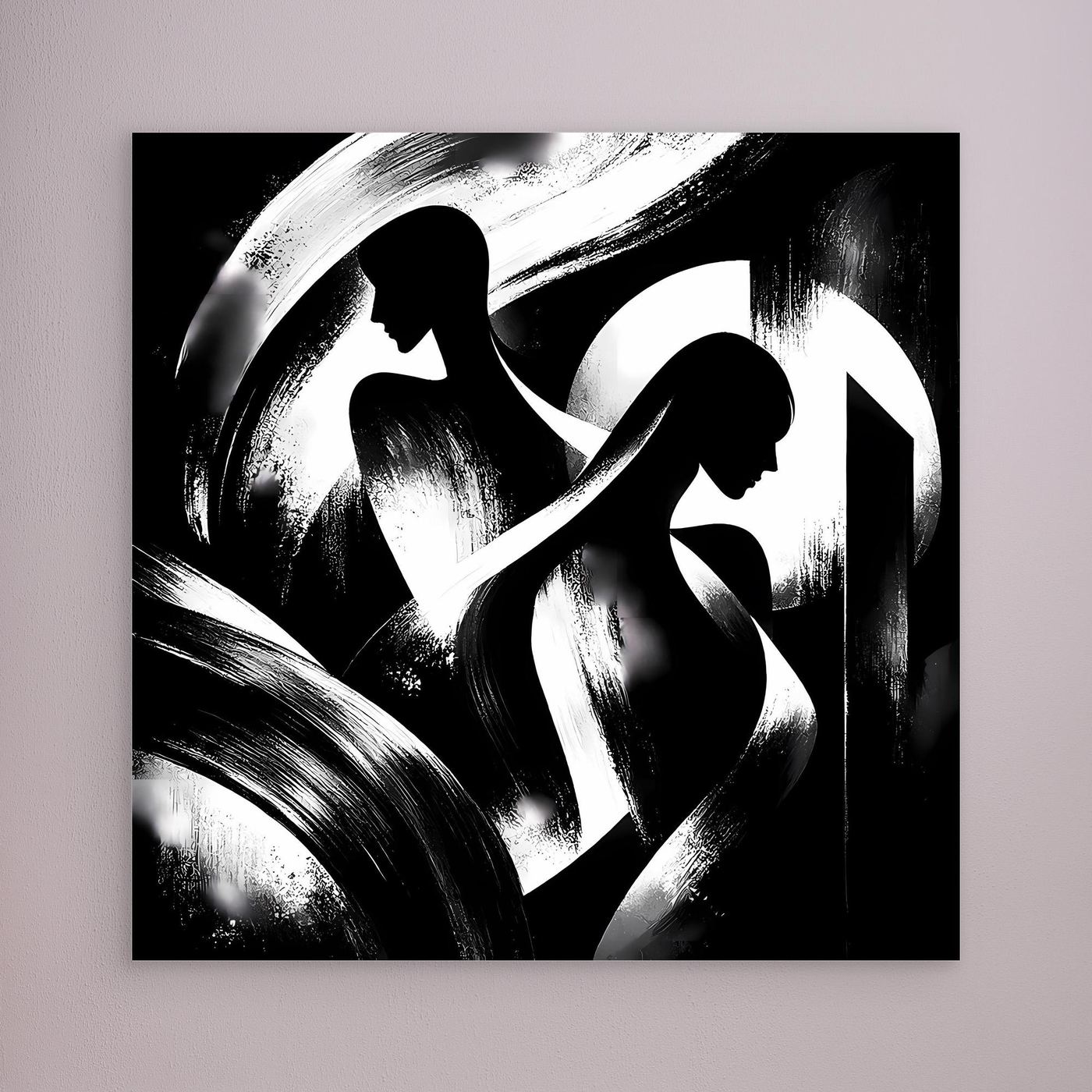 Schwarz-weißes Leinwand-Wandbild mit abstrakten Silhouetten, ohne sichtbaren Rahmen.