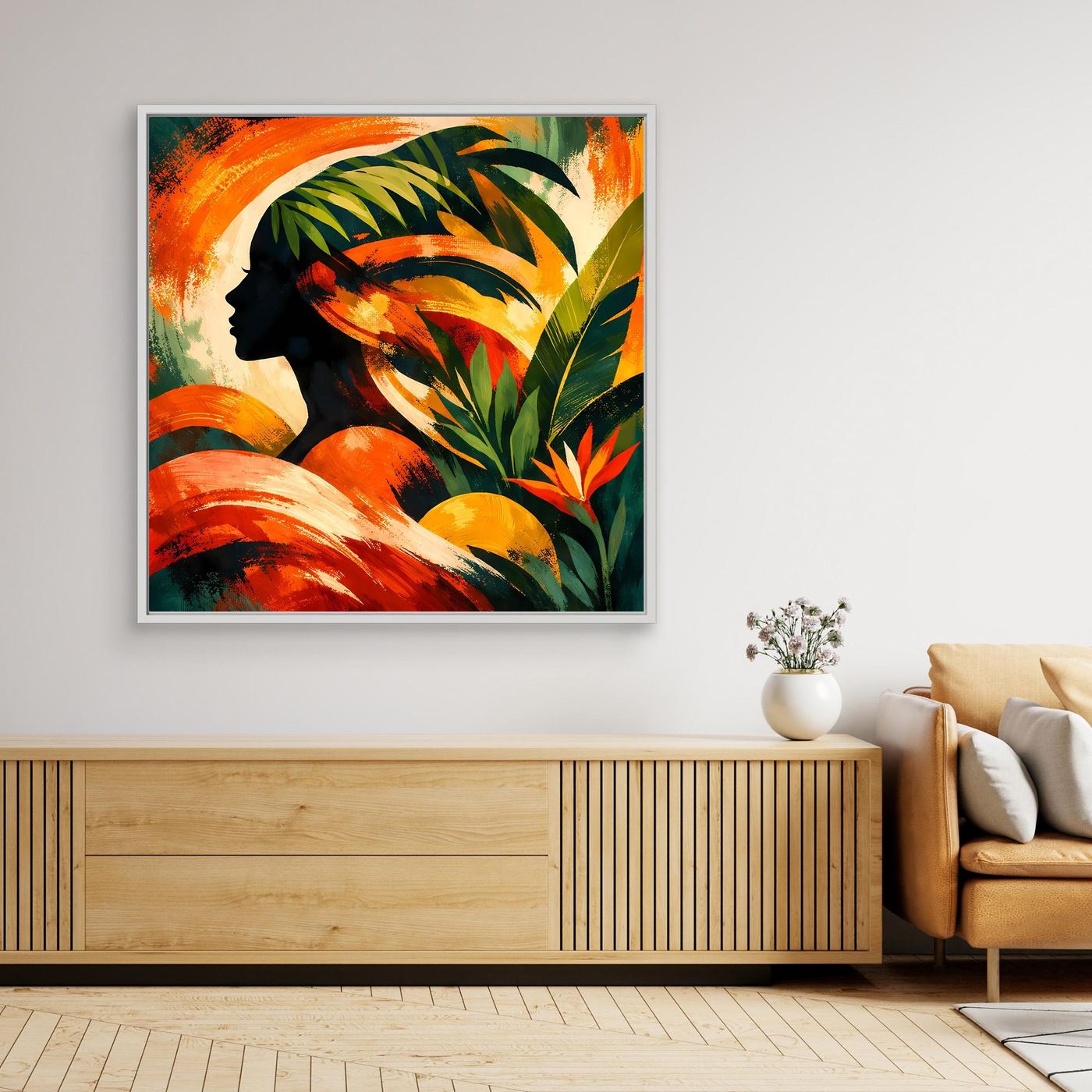 Leinwandbild mit Profil-Silhouette einer Frau, tropische Blätter, orange-rote Farben, weißer Rahmen