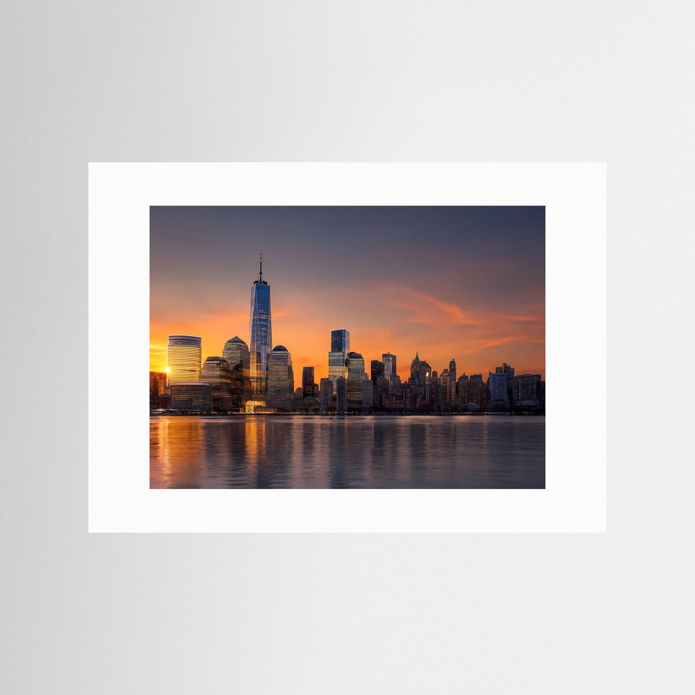 Querformat-Poster mit New-York-Skyline bei Sonnenuntergang, mit weißem Passepartout