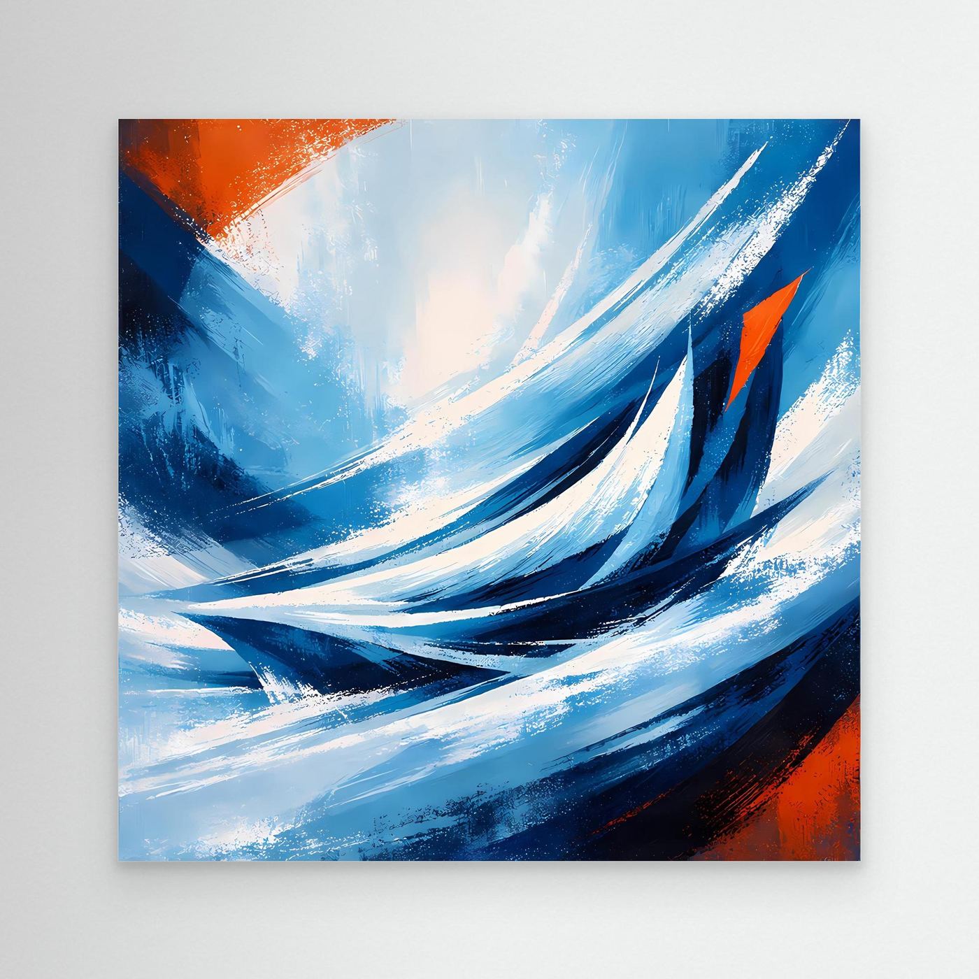 Leinwandbild mit abstrakten Wellen in Blau, Weiß und orangefarbenen Akzenten