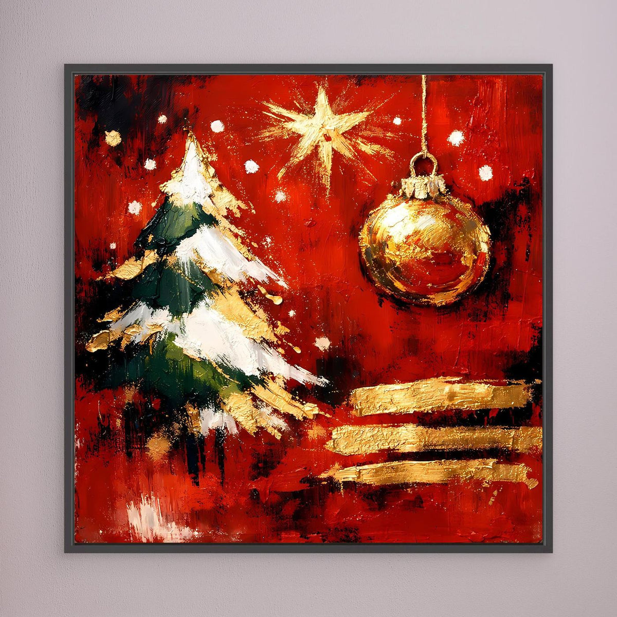 Gerahmtes Leinwand-Wandbild: Weihnachtsbaum, Stern und Kugel in Rot/Gold, schwarzer Rahmen.
