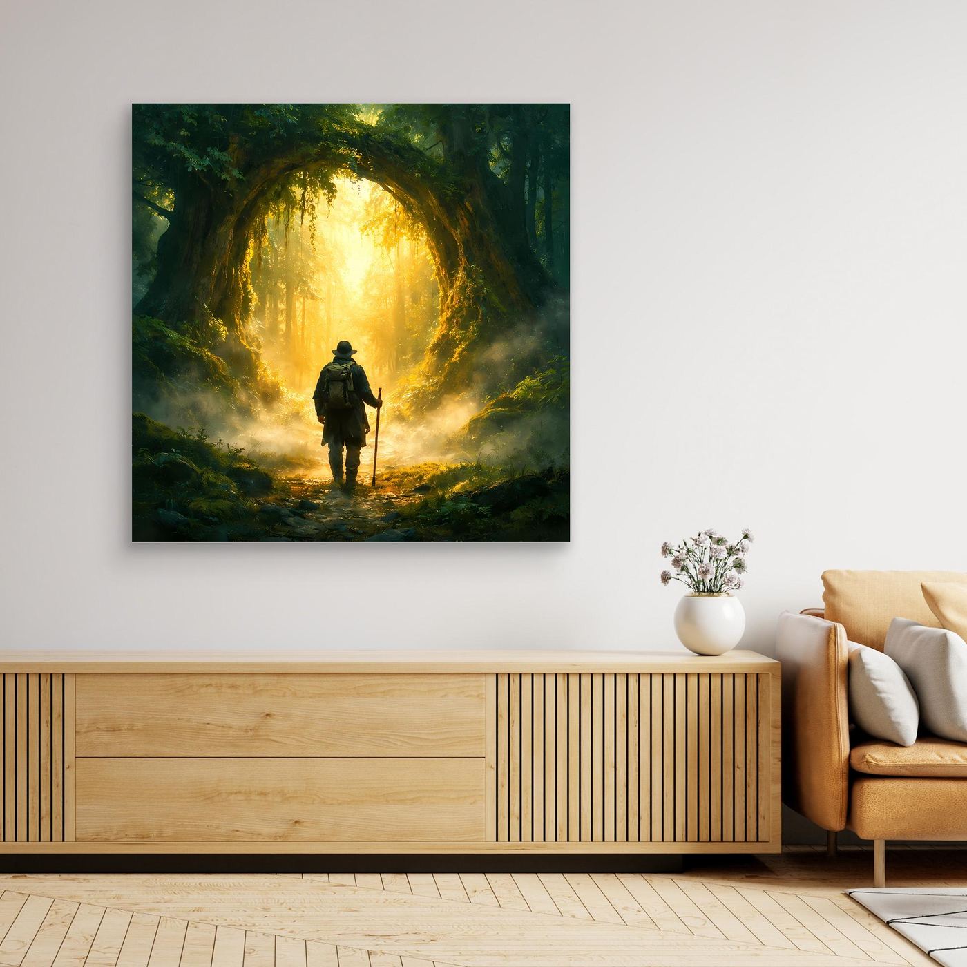 Leinwand Mystischer Wanderer am Waldportal | Abstraktes Natur Zauberwald Wandbild