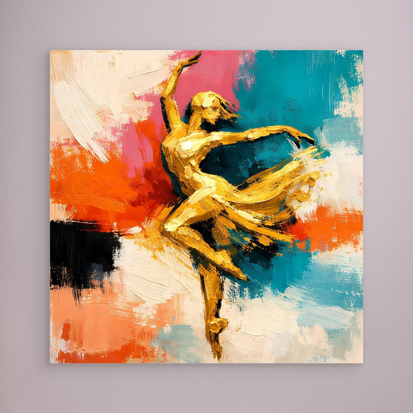 Leinwand Elegante Goldene Tänzerin im Flug | Abstraktes Ballett & Modern Art Wandbild