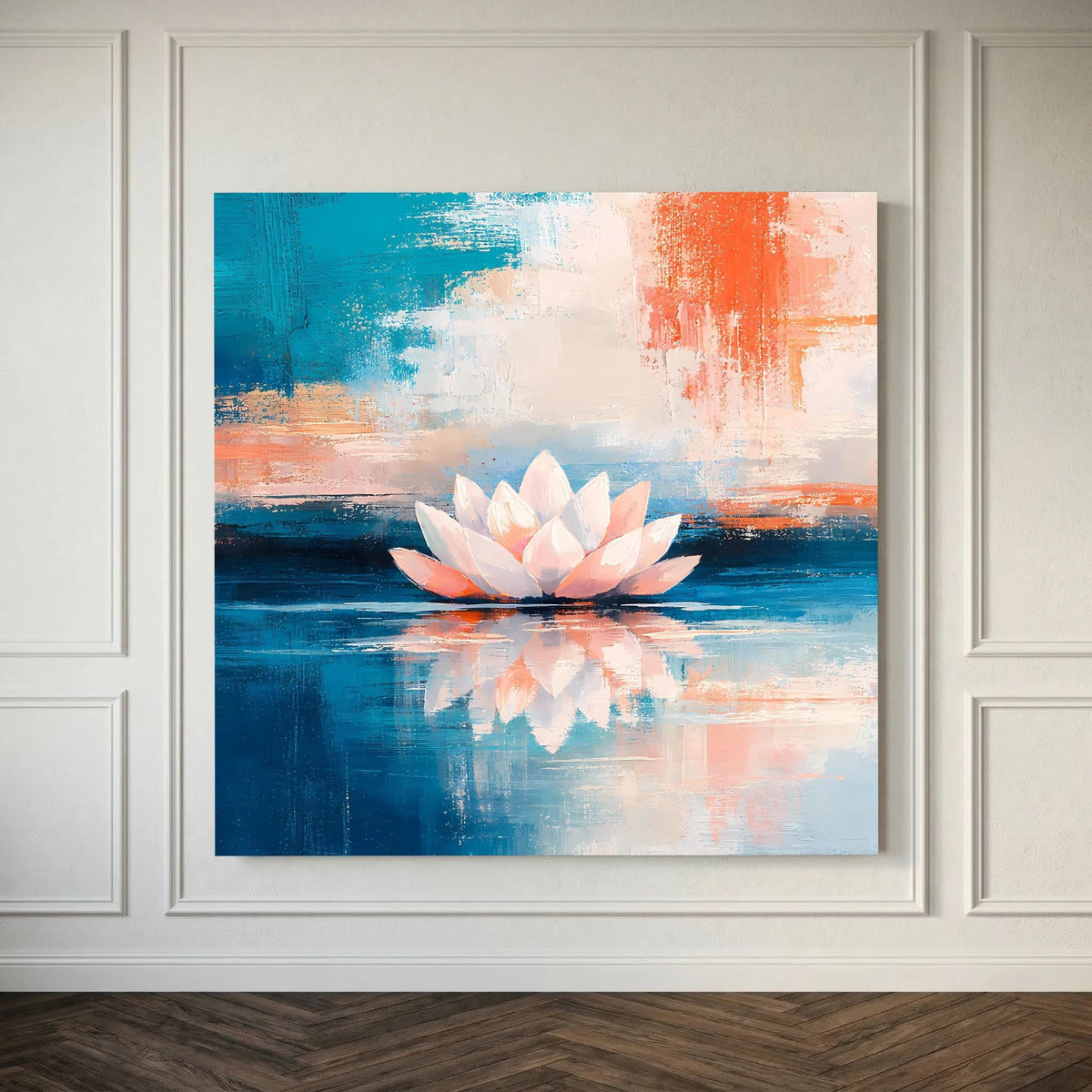 Leinwandbild mit Lotusblüte auf Wasser, zarte Weißtöne, Blau und Orange im Hintergrund.