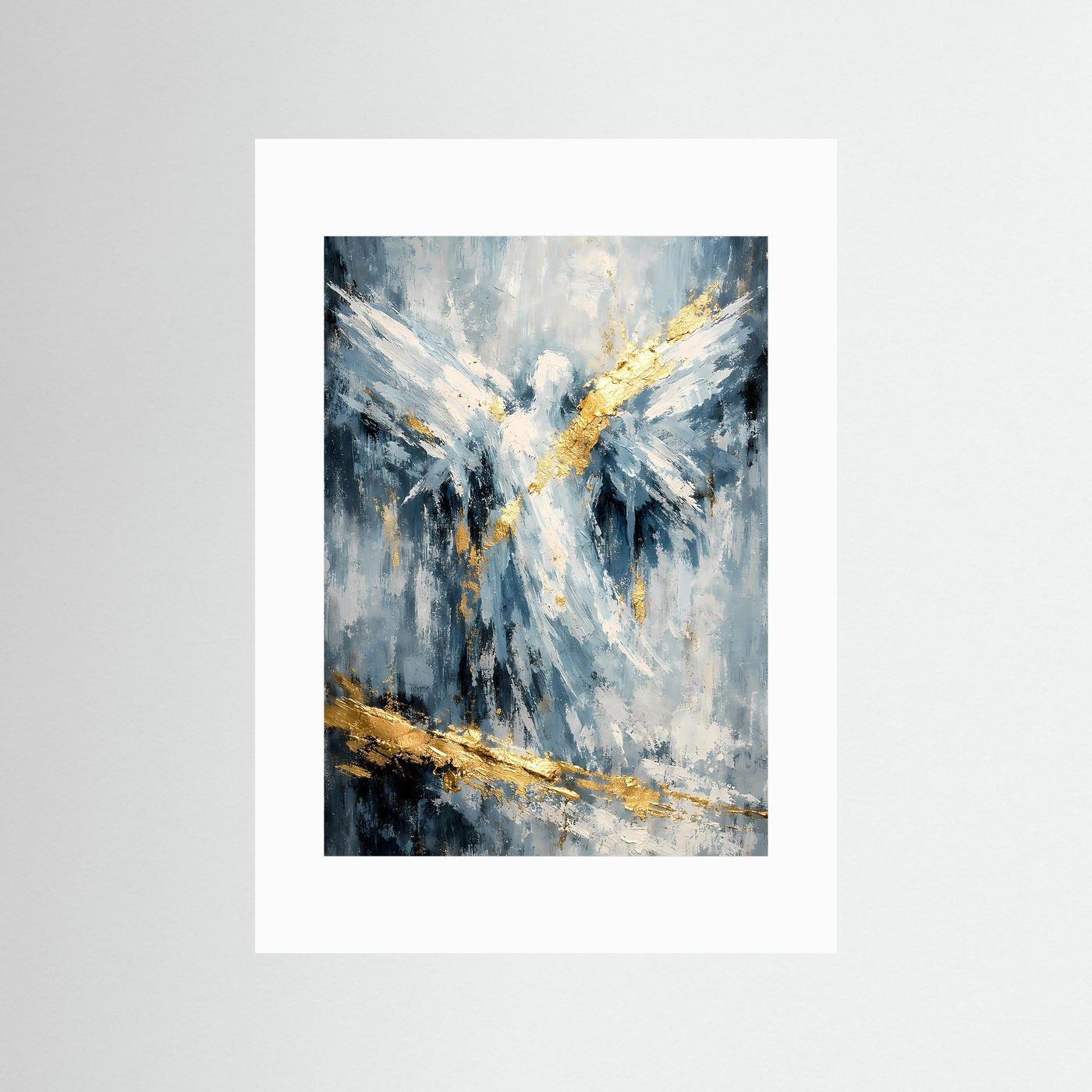 Abstraktes Engelposter mit weißem Passepartout: blau-weiße Flügel, goldene Strahlen