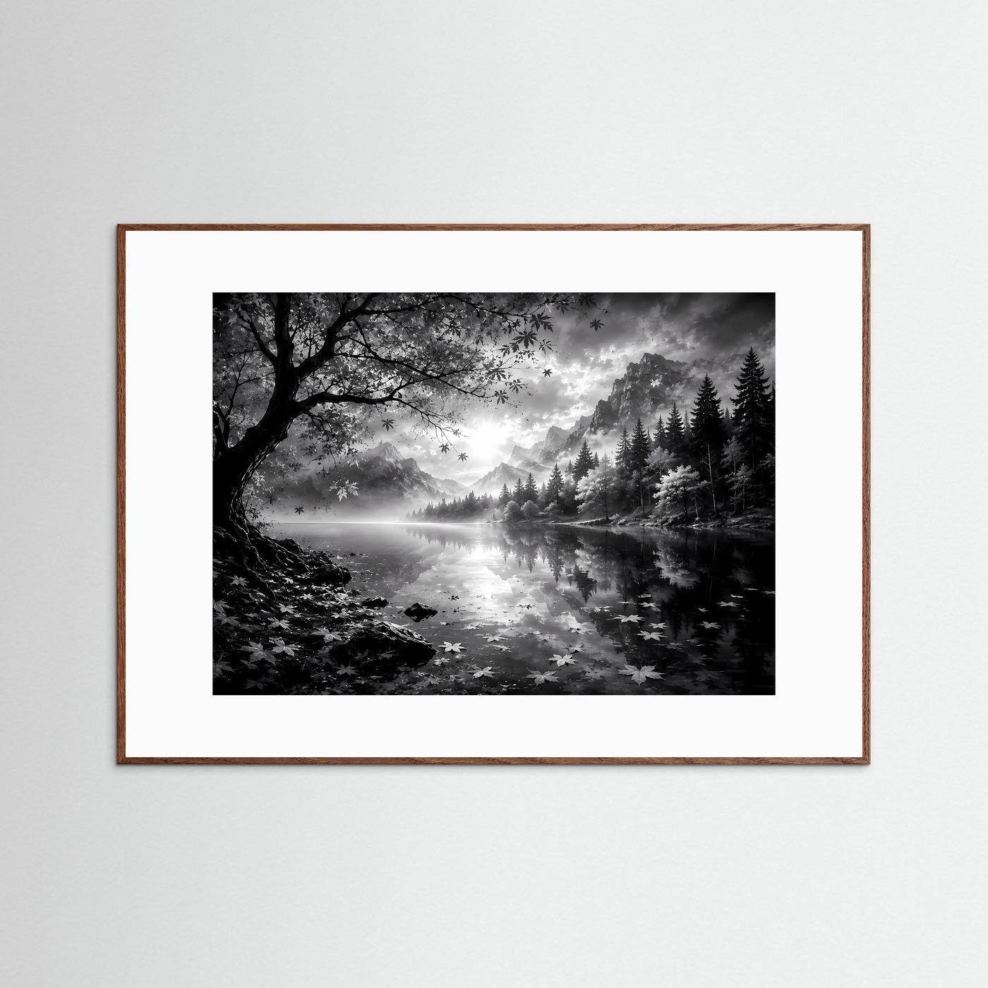 Schwarz Weiß Landschaft Poster | Bergsee Wandbild | Nebel Berge Natur | Monochrome Wandkunst | Moderner Fine Art Print