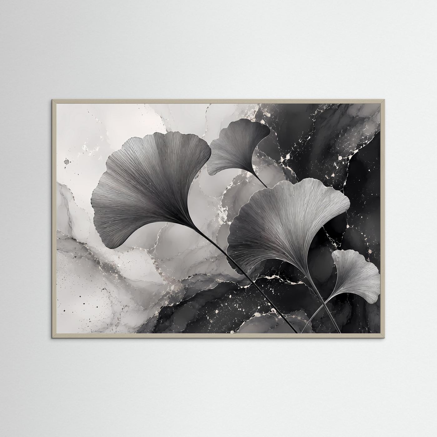 Ginkgo-Blätter Schwarz-Weiß | Modernes Botanisches Wandbild im minimalistischen Stil