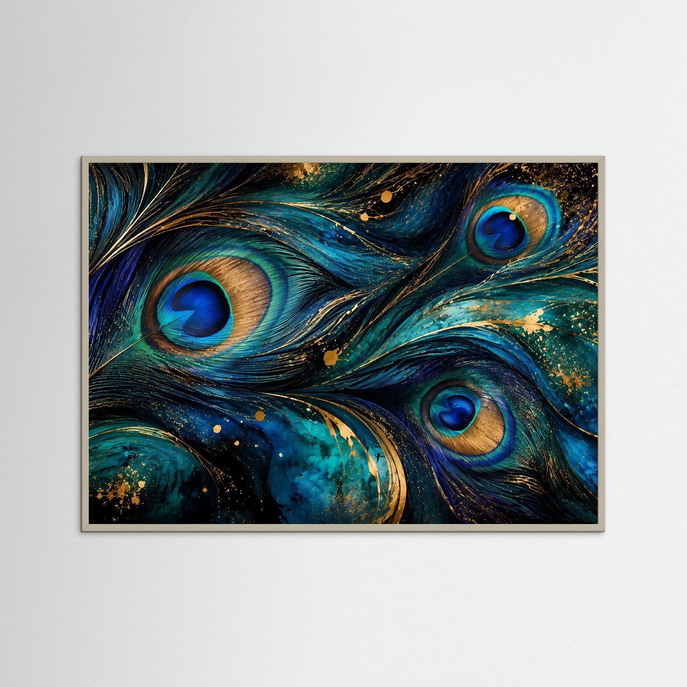 Pfauenfedern Poster | Luxuriöse Blau Gold Wandkunst | Elegantes Abstraktes Pfauenfeder Bild | Modernes Wandbild | Premium Wall Art