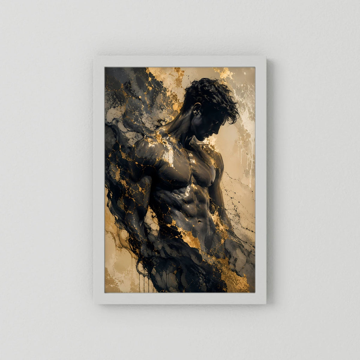 Hochformatiges Poster mit abstraktem Männerkörper in Schwarz und Gold, ohne Holzrahmen