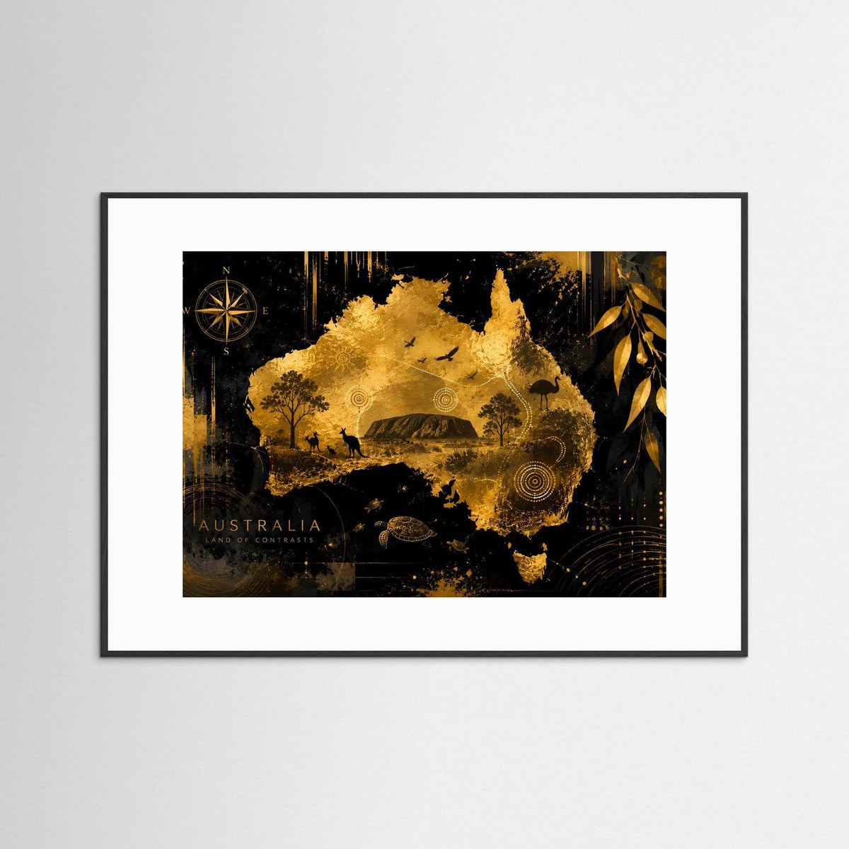 Poster mit Australienkarte in Schwarz und Gold im weißen Passepartout und schwarzen Rahmen