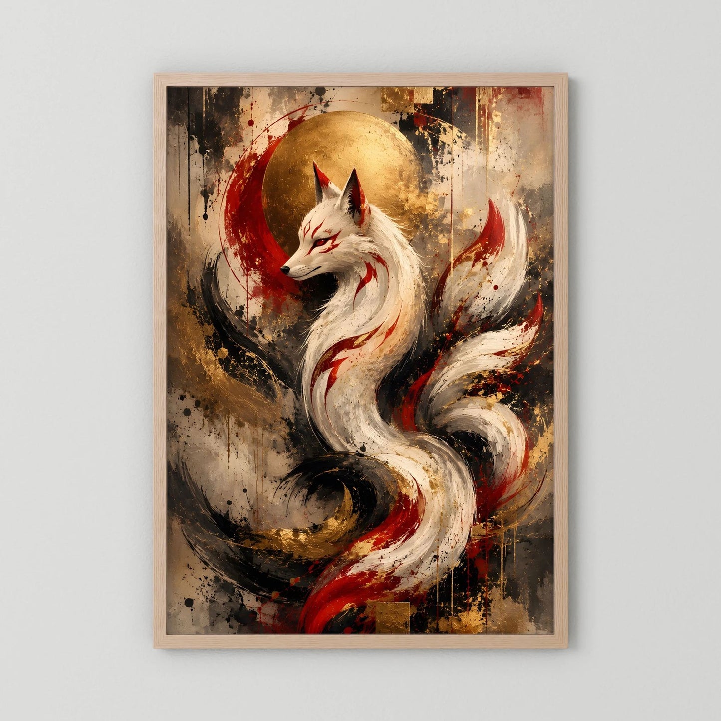 Kunstposter im Hochformat mit weißem Fuchs und goldenem Mond, heller Holzrahmen.