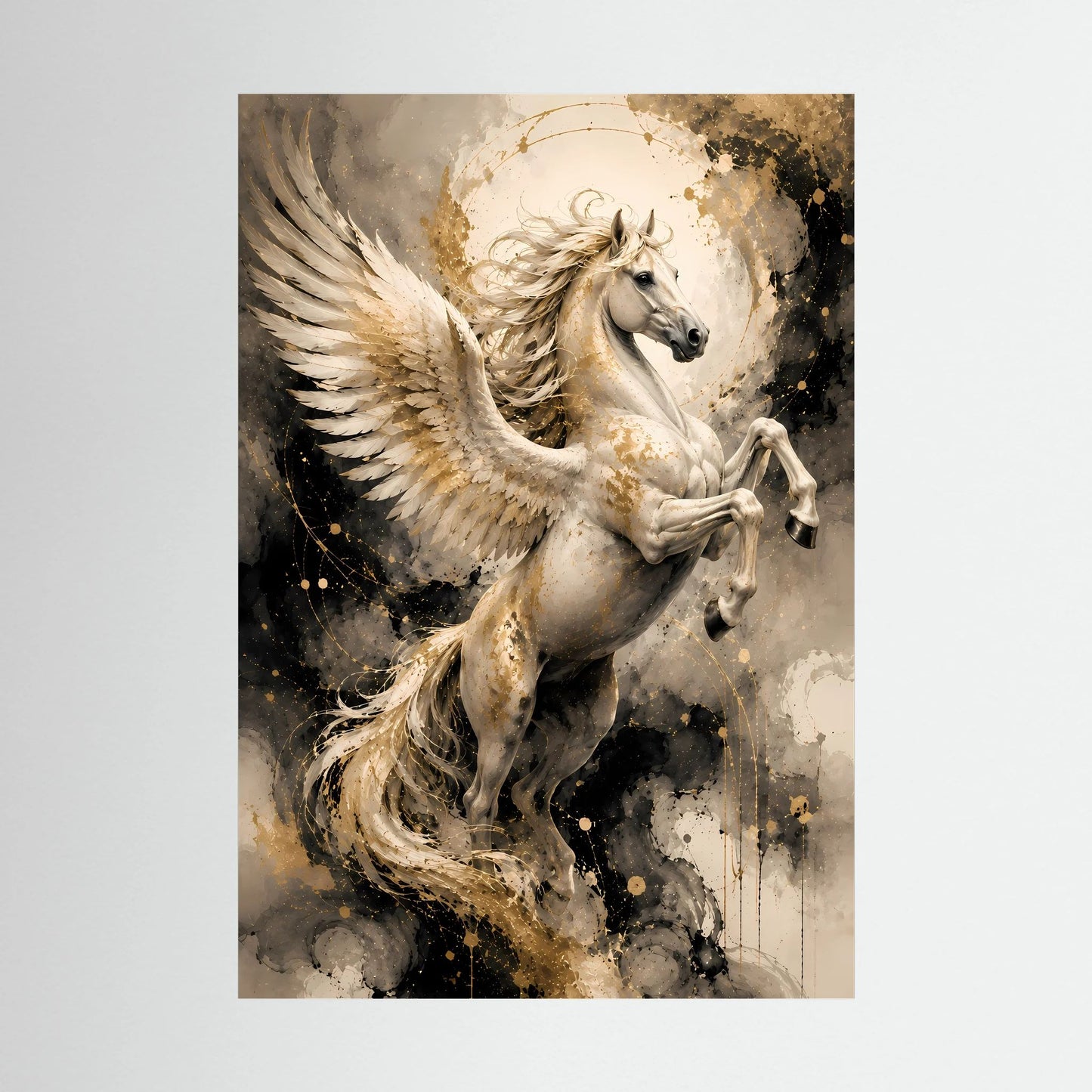 Hochformatiges Poster mit weißem Pegasus, Flügel im Gold-Sprüh-Design