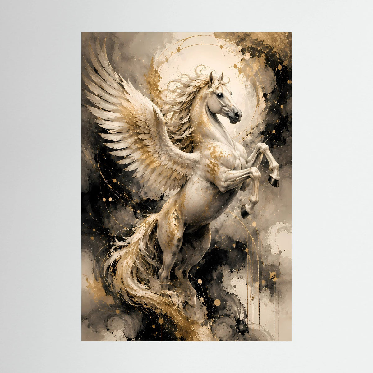 Hochformatiges Poster mit weißem Pegasus, Flügel im Gold-Sprüh-Design