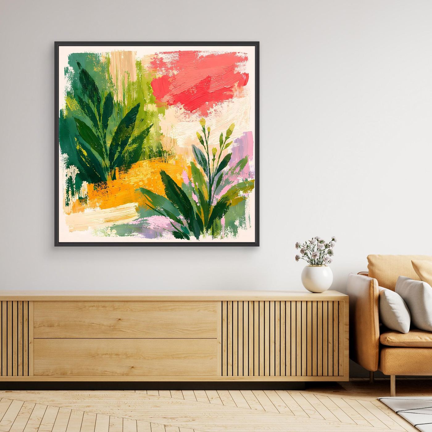 Framed abstract botanical landscape wall art with green foliage, red brushstrokes, and yellow.