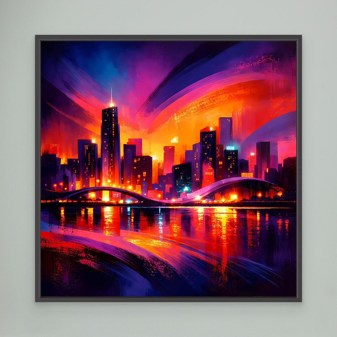 Großstadt-Wandbild mit Skyline bei Nacht, schwarz gerahmt, leuchtende Neonfarben