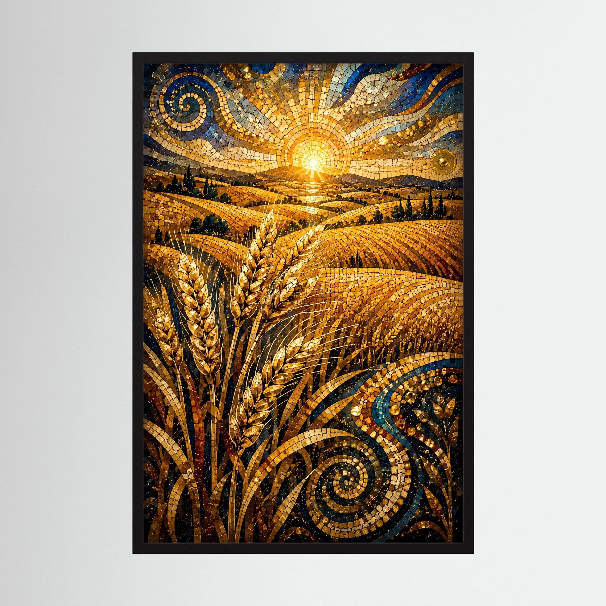 Hochformatiges Poster mit goldenem Weizenfeld im Mosaikstil und aufgehender Sonne