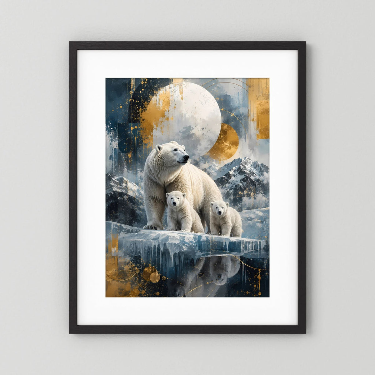 Poster im schwarzen Rahmen mit weißem Rand, Eisbärenfamilie vor Mond und Eis