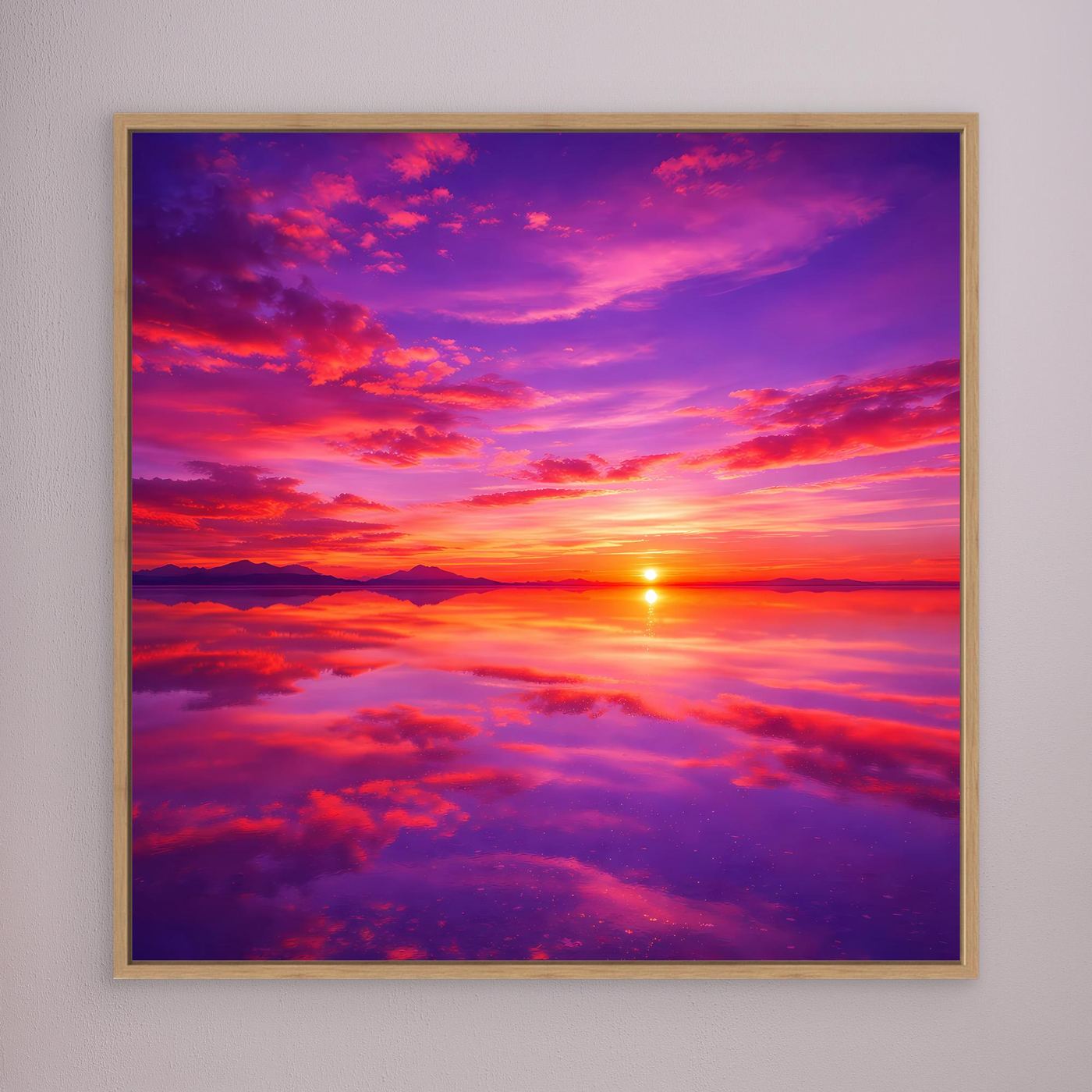Leinwandbild Sonnenuntergang in Rot- und Violetttönen, Sonne über Wolken, goldbraun gerahmt