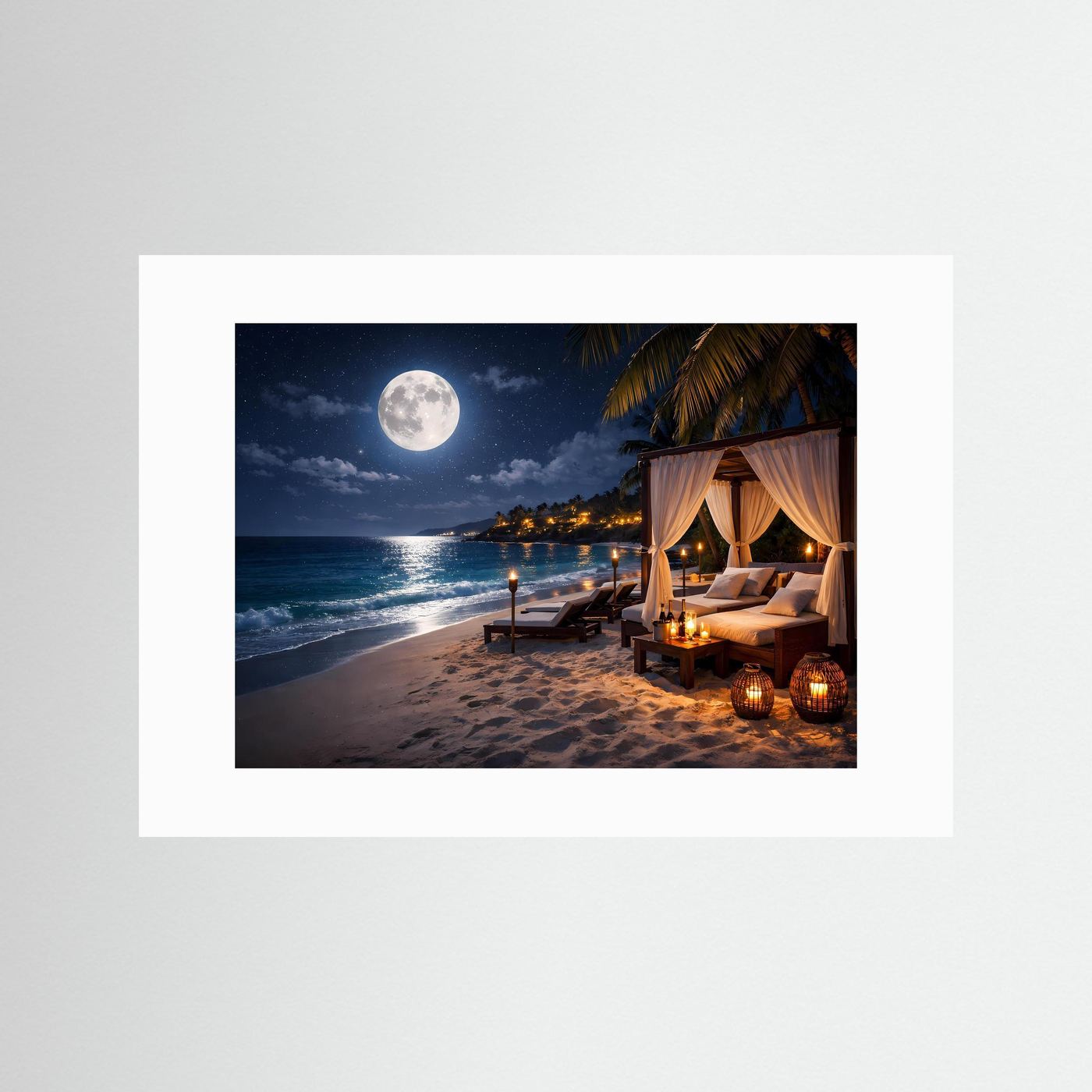Poster im Querformat mit weißem Rand: Terrasse am Strand bei Vollmond