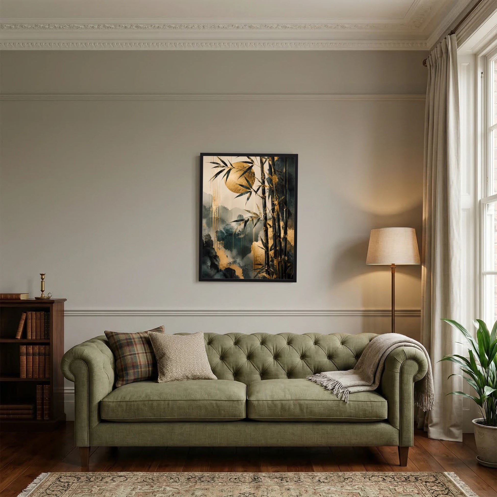 Poster im schwarzen Rahmen mit abstraktem Bambus in warmen Gold- und Blautönen