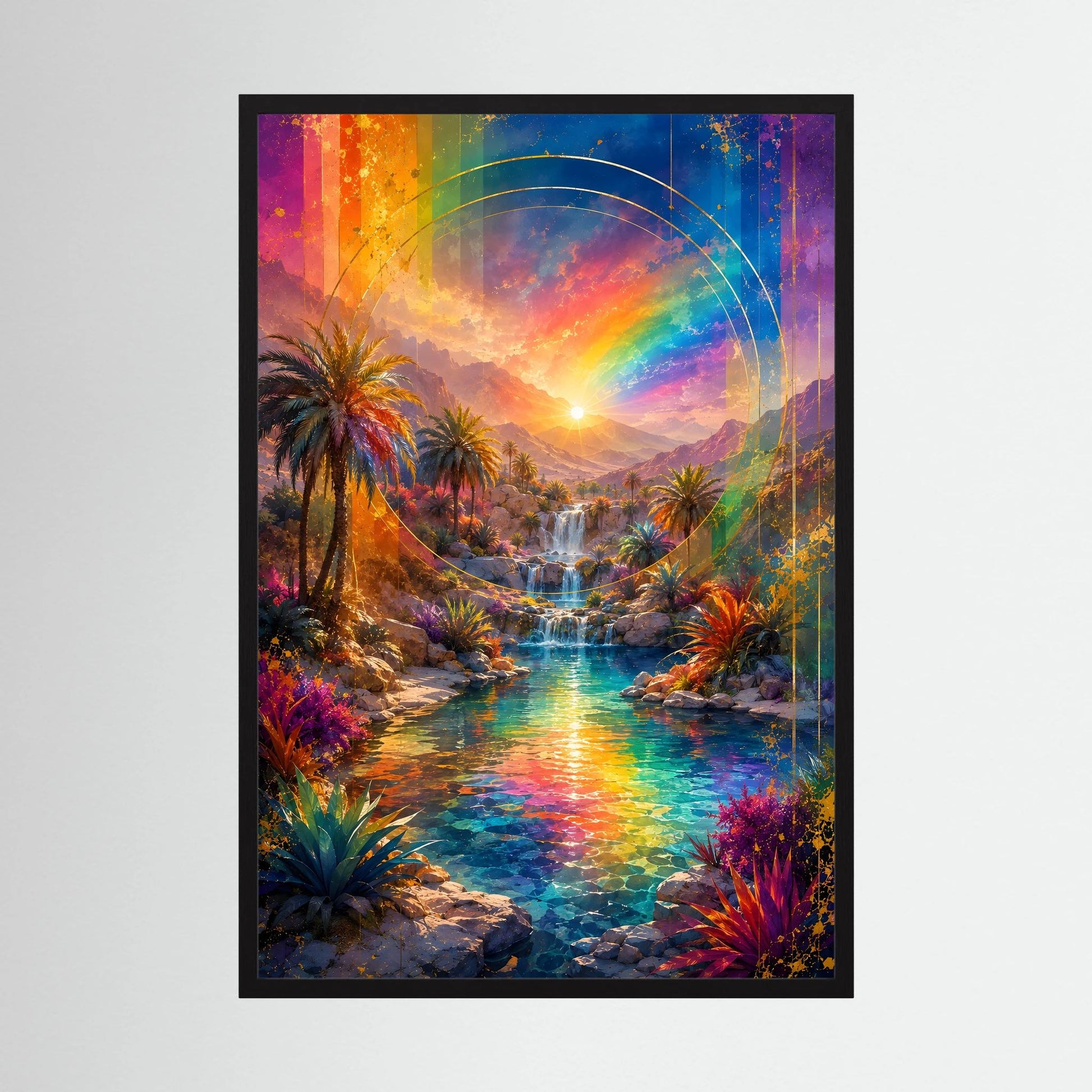 Hochformat-Poster mit Regenbogen, Palmen und Wasserfall, schwarzer Rahmen