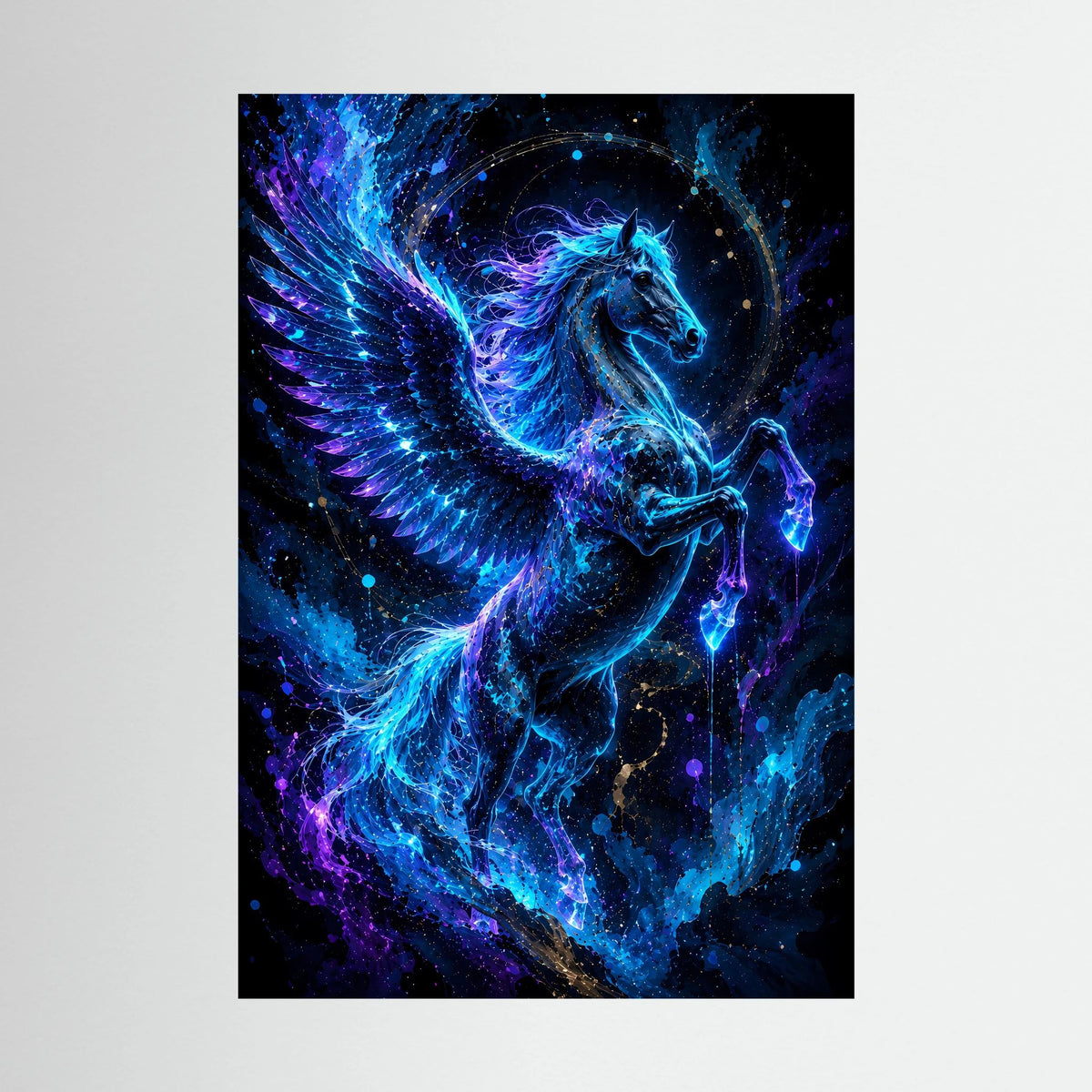 Pegasus-Poster im Hochformat: blau leuchtendes geflügeltes Pferd auf dunklem Hintergrund