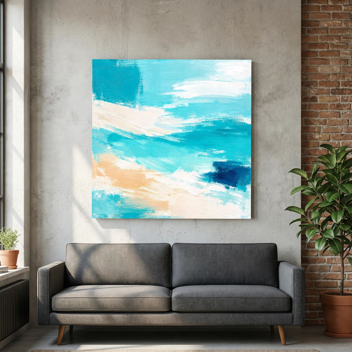 Quadratisches Leinwand-Wandbild mit abstrakten Meereswellen: türkise Farbflächen, Blau und Beige.